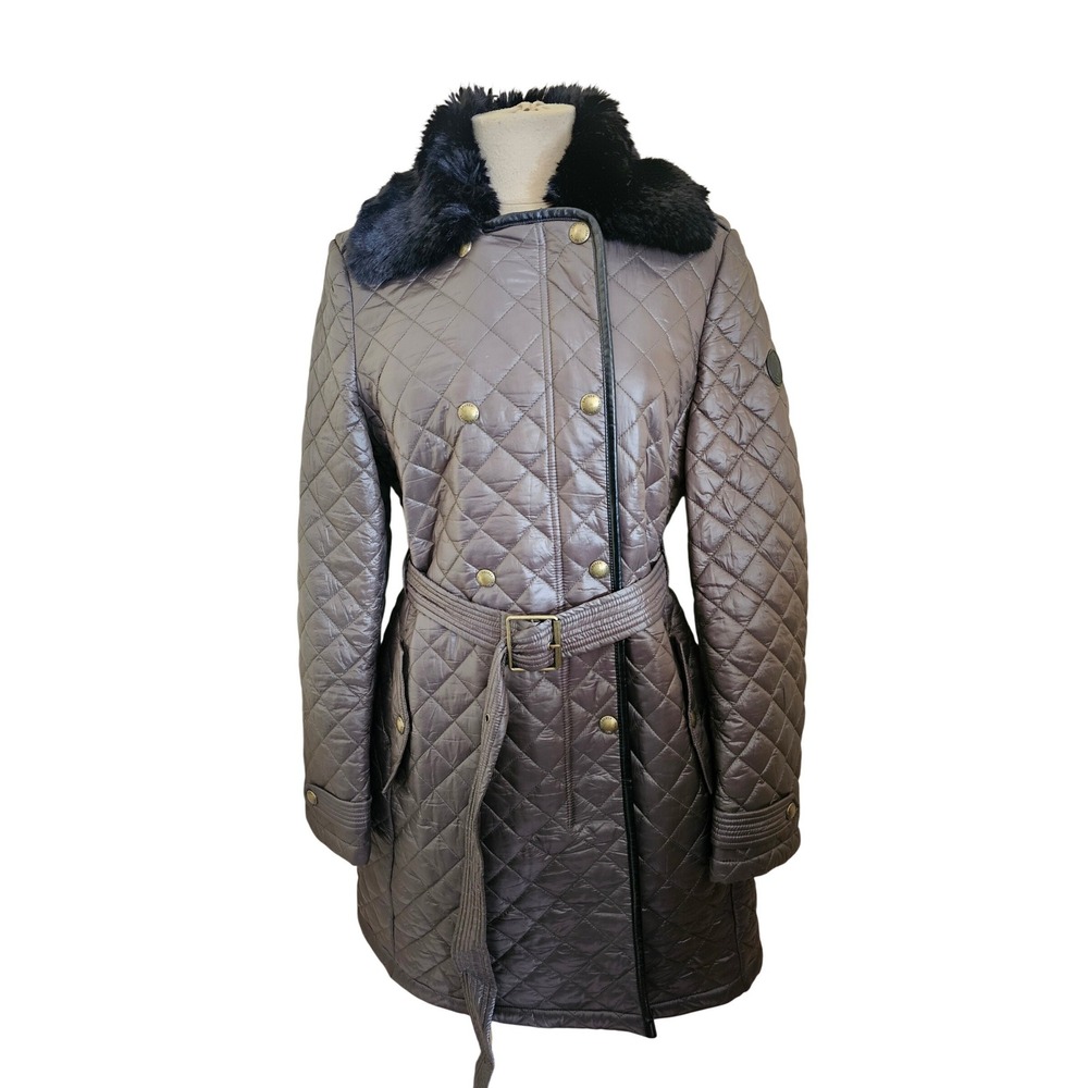 Ralph Lauren Quilted Faux Fur Collar Belted Trench Coat Women size M olive green